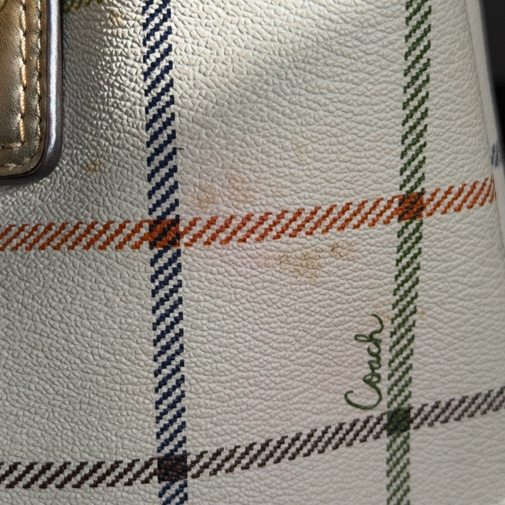 Coach Peyton Tattersall Plaid Satchel Tote Coated Canvas Ivory - Picture 4 of 16